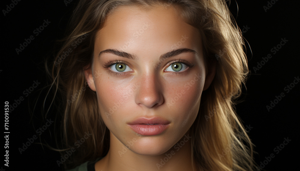 Beautiful woman with brown hair looking at camera generated by AI Beautiful woman with brown hair looking at camera generated by AI