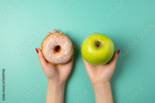 hard to choose healthy food concept, with woman hand holding an green apple and a calorie bomb donut. Doubt to eat candy or fruit. Young woman holding donut and apple, close-up photo