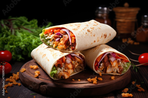 Tortilla wrap with chicken, vegetables and sauce on wooden background
