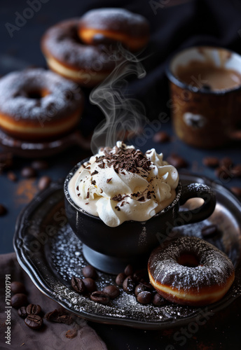 Freshly prepared coffee with cream, surrounded by chocolate donuts on dark dish