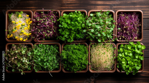 trays with microgreens close-up on the table.Generative AI