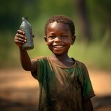 Happy African boy with water bottle in hand