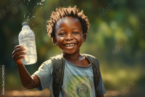 Happy African boy with water bottle in hand