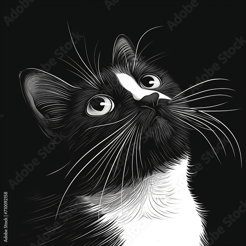 Black and white illustration of a Tuxedo cat looking up..