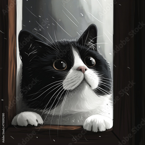 Cute fat black and white cat on the window.