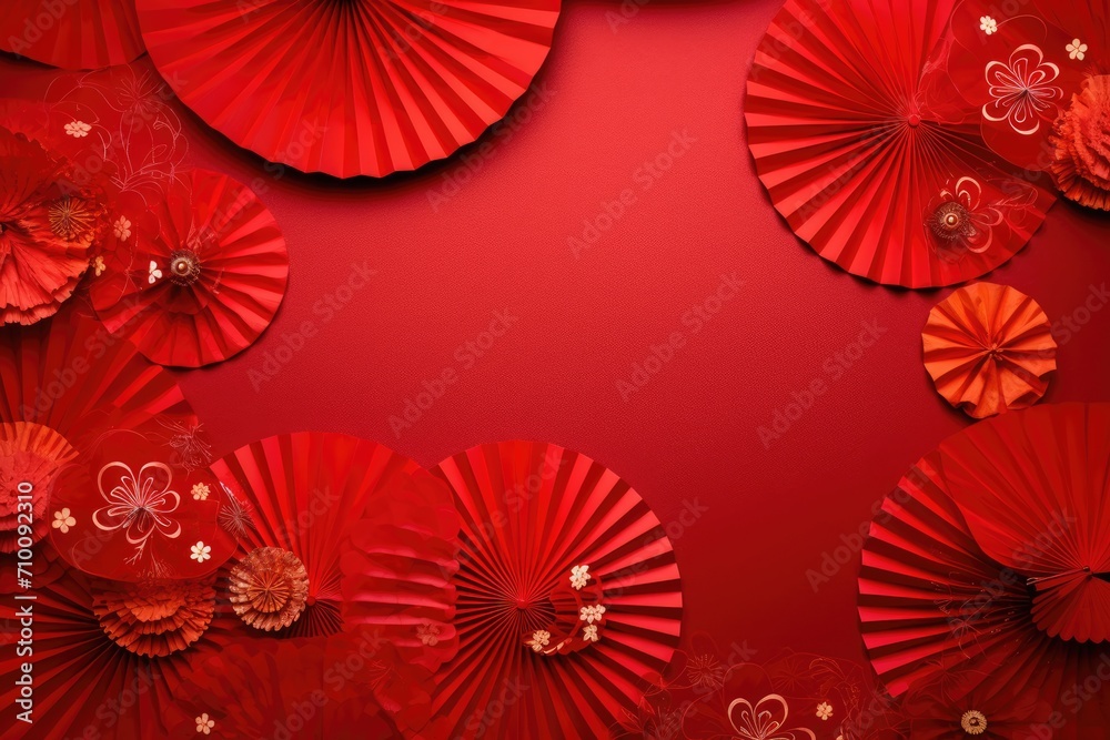 Obraz premium Chinese New Year background with red paper fans and flowers with copy space. Asia traditional decoration.