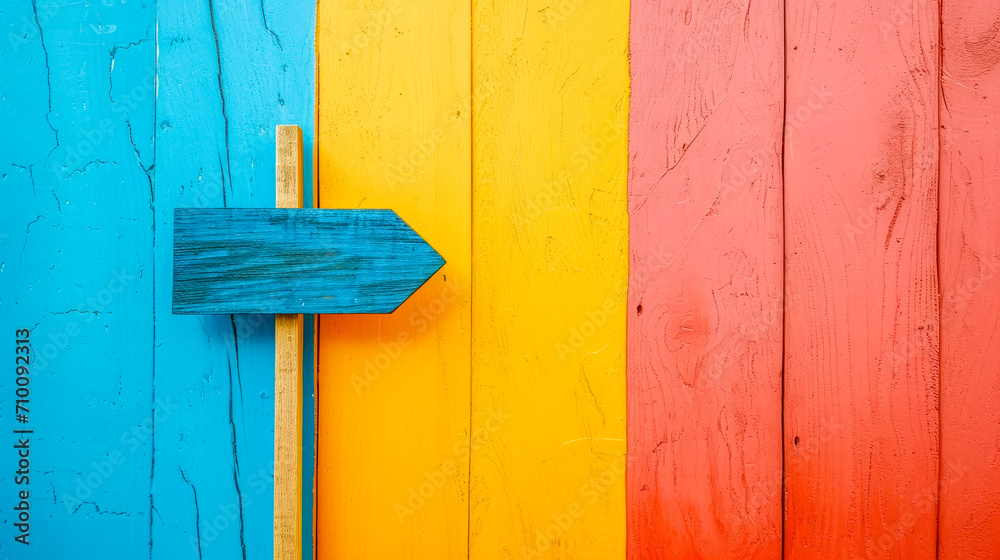Blue wooden arrow pointing right on a different colored wooden background Blue wooden arrow pointing right on a different colored wooden background