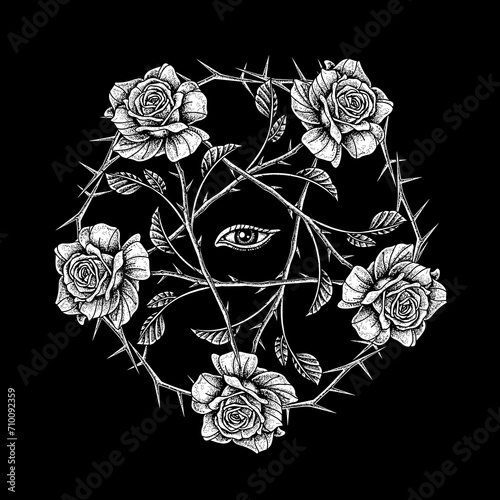 illustration of roses, pentagram flowers Black background photo