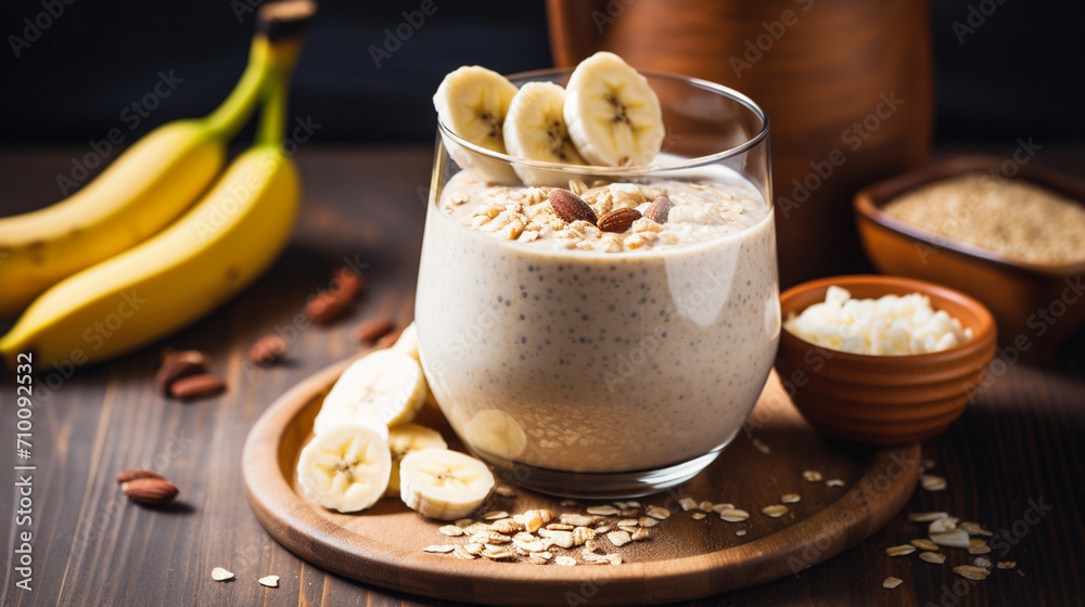 Vegan banana and oatmeal smoothie in glass jar on the light background. Generative AI