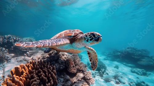 Sea Turtle swims in Australia Great Barrier Reef in blue ocean water   