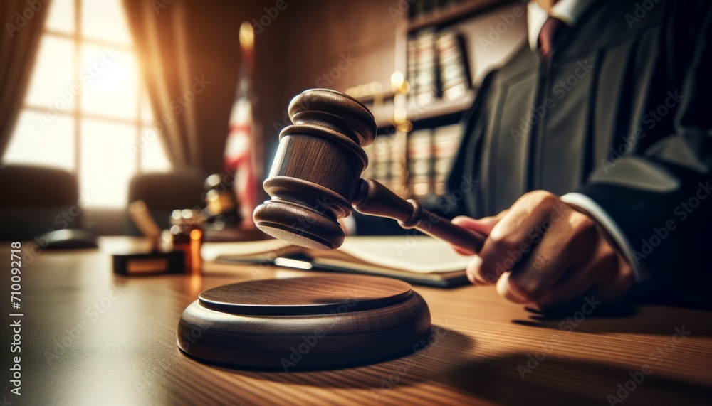 A focused view on a judge's gavel captured at the moment of decision-making in a courtroom setting, with a warm light filtering through the window and the American flag in the background. A focused view on a judge's gavel captured at the moment of decision-making in a courtroom setting, with a warm light filtering through the window and the American flag in the background.