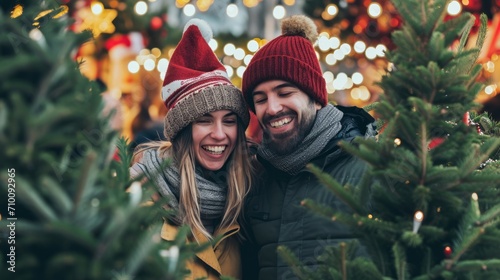 Man and Woman Standing Next to Christmas Tree for Festive Celebration