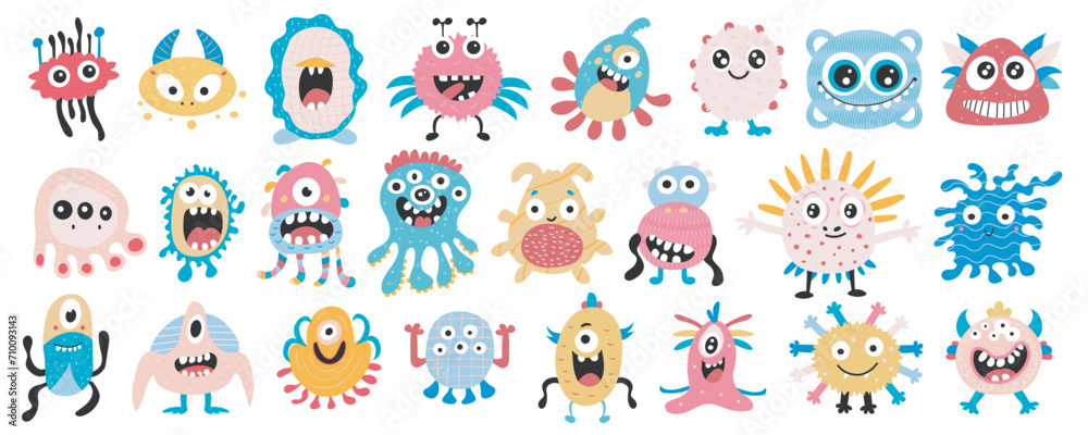 Obraz premium Cute monsters mega set in flat design. Bundle elements of colourful funny creatures with teeth, eyes and faces expressing playful and joyful emotions. Vector illustration isolated graphic objects