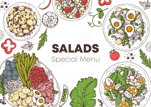 Hand drawn salads. Food top view vector illustration. Healthy eating. Salads collection. Food menu design template. Hand drawn sketch.