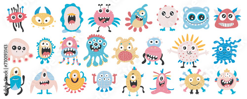 Fototapeta Naklejka Na Ścianę i Meble -  Cute monsters mega set in flat design. Bundle elements of colourful funny creatures with teeth, eyes and faces expressing playful and joyful emotions. Vector illustration isolated graphic objects