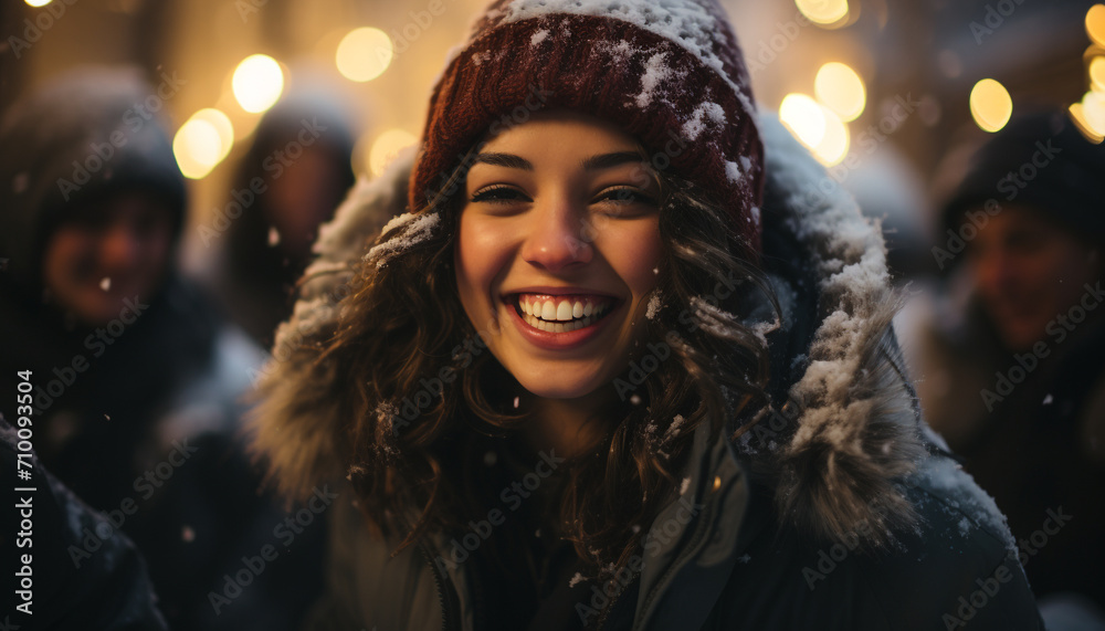 Young adults embracing, smiling, enjoying winter ice skating generated by AI