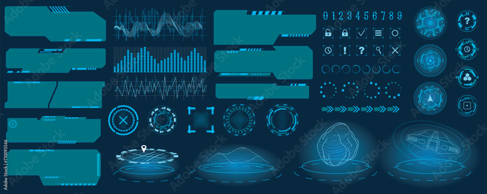 Futuristic user interface mega set in flat design. Bundle elements of gui element dashboard, ui screens templates with buttons, virtual reality holograms. Vector illustration isolated graphic objects - obrazy, fototapety, plakaty 