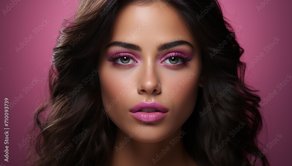 Beautiful young woman with brown curly hair and pink lipstick generated by AI
