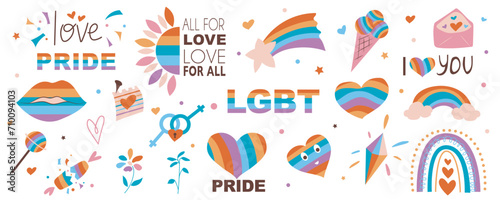 LGBT community mega set in flat design. Bundle elements of colorful rainbow hearts, kiss lips, candies, ice cream, diamond, venus and mars signs, other. Vector illustration isolated graphic objects