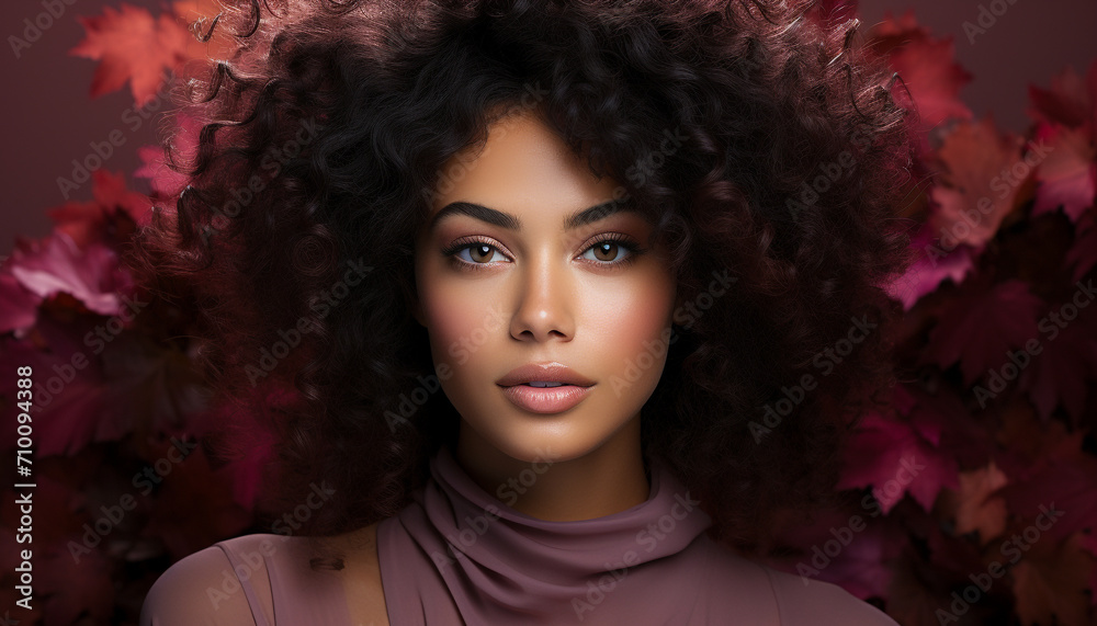 Fototapeta premium Young woman with curly brown hair looking at camera generated by AI