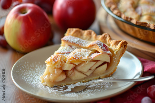 A delicious slice of apple pie on a plate, tasty dessert