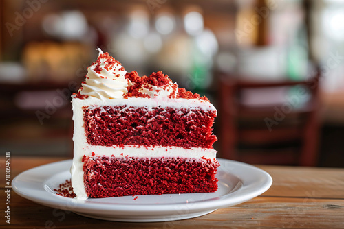 Delicious red velvet cake at a cafe close-up  tasty sugary dessert