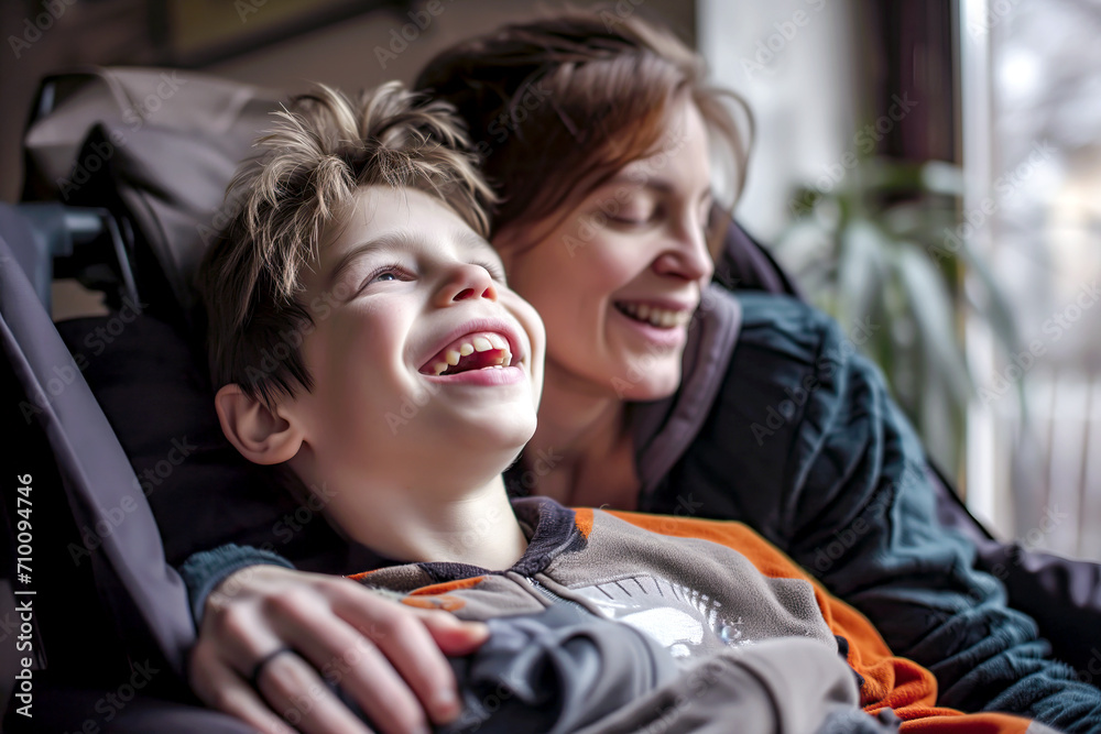 A Joyful Moment, Woman and Young Boy Laughing Together in Heartwarming Connection