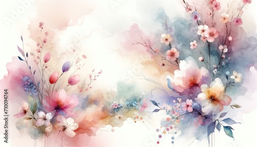 A delicate fusion of watercolor flowers blooms across the canvas, with a soft wash of pastel hues creating an ethereal atmosphere