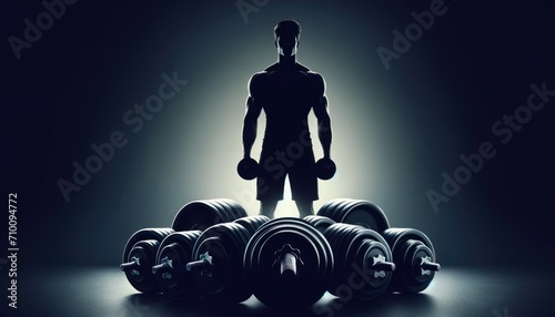 The striking silhouette of a muscular individual standing amidst an array of heavy dumbbells, emanating an aura of focus and power in a dimly lit gym setting