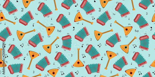 Accordion, balalaika, musical notes. Seamless pattern. Musical instruments. Plays the harmonica. Russian traditions, folklore. Song, music. Cartoon Drawing, doodle. Vector background. photo