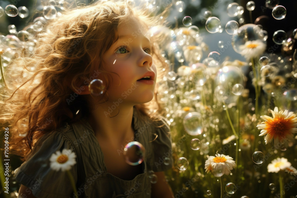 Girl blowing bubbles in field of daisies