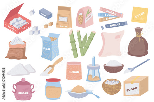 Sugar mega set in flat design. Bundle elements of cubes in box, sweet sand in packages, brown cane granulated product, sugarcane, scoops and bowls, other. Vector illustration isolated graphic objects