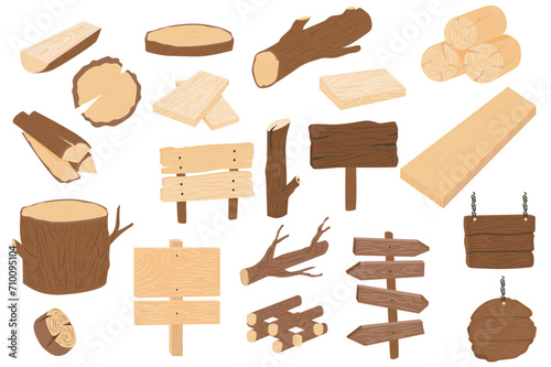 Wood tree logs mega set in flat design. Bundle elements of wooden material, planks, tree trunks and stumps, branches, timbers, woodpile, direction boards. Vector illustration isolated graphic objects