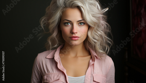 Beautiful Caucasian woman with long blond curly hair generated by AI
