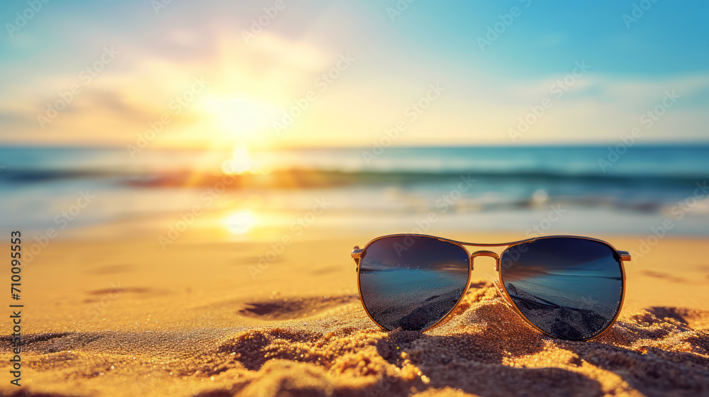Beach concept - sunglasses on on a sandy beach with sunset light and blue sea background.