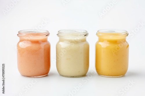 Three jars of baby food on white background