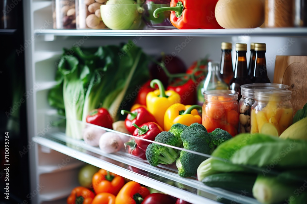 Open refrigerator filled with fruits and vegetables Open refrigerator filled with fruits and vegetables