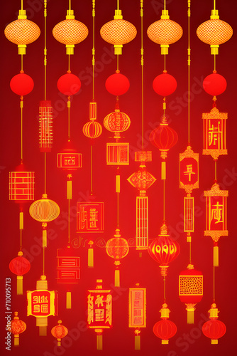 Chinese red lanterns and oriental decorations for a cultural Asian lunar new year festive party Concept Backdrop Pop Art style