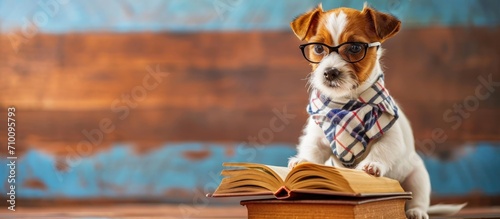 Educated jack russell terrier puppy dressed for school with book.