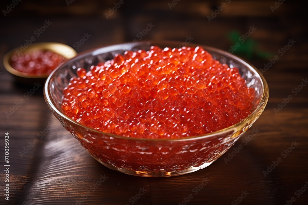 Fresh red caviar in bowl on wooden background Fresh red caviar in bowl on wooden background
