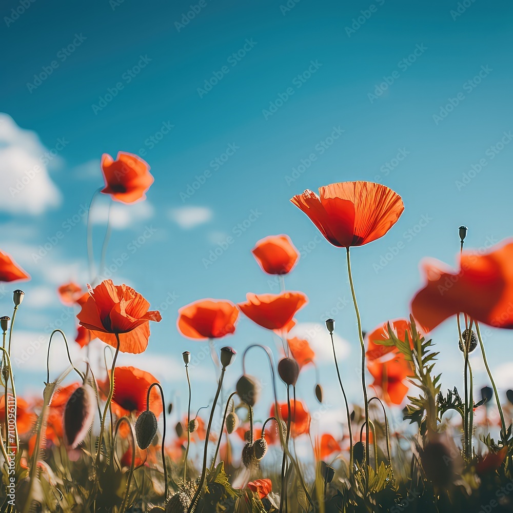 Fototapeta premium Selective focus ofred corn poppies with green buds and capsules from below against the blue white sky, close-up