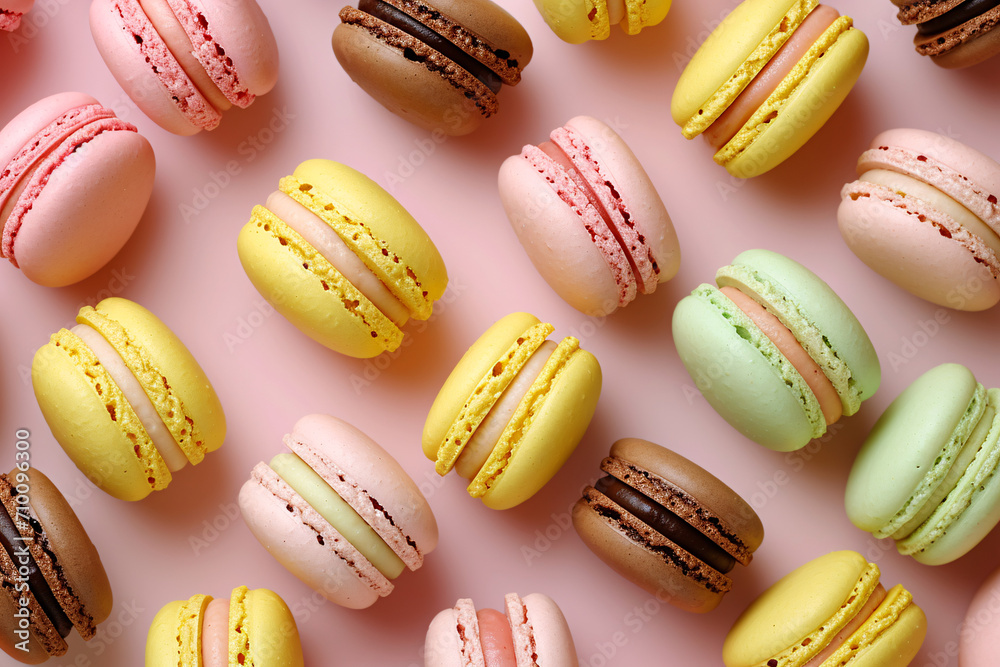 Delicious macarons pattern on a pink background, tasty treats Delicious macarons pattern on a pink background, tasty treats