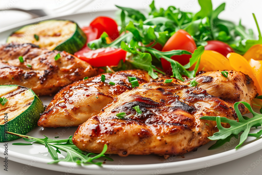 grilled chicken plate with vegetables, selective focus