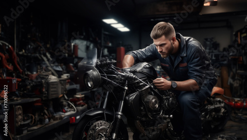 repair and maintenance of a custom motorcycle in the service, a male master repairs a motorcycle.