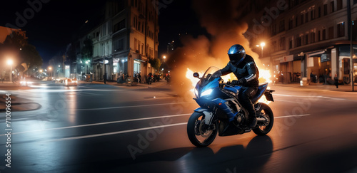 fast motorcycle race through the night city, a sports motorcycle and a motorcyclist in a uniform and helmet photo
