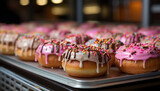 Freshly baked donuts, a sweet indulgence on pink table generated by AI