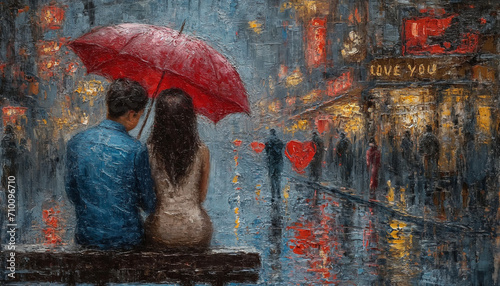 Romantic Evening Painting with Couple Sharing Umbrella in Rain © Mathieu