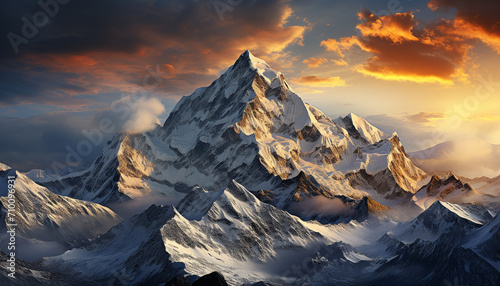 Majestic mountain peak in winter, a breathtaking adventure generated by AI