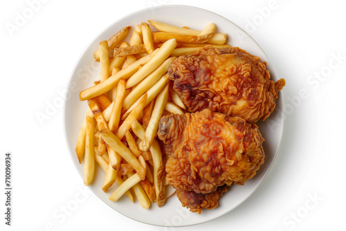 plate of fried chicken with french fries, isolated on white background, top view
