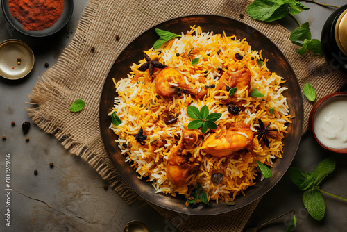 spicy and delicious chicken biryani, top view photo